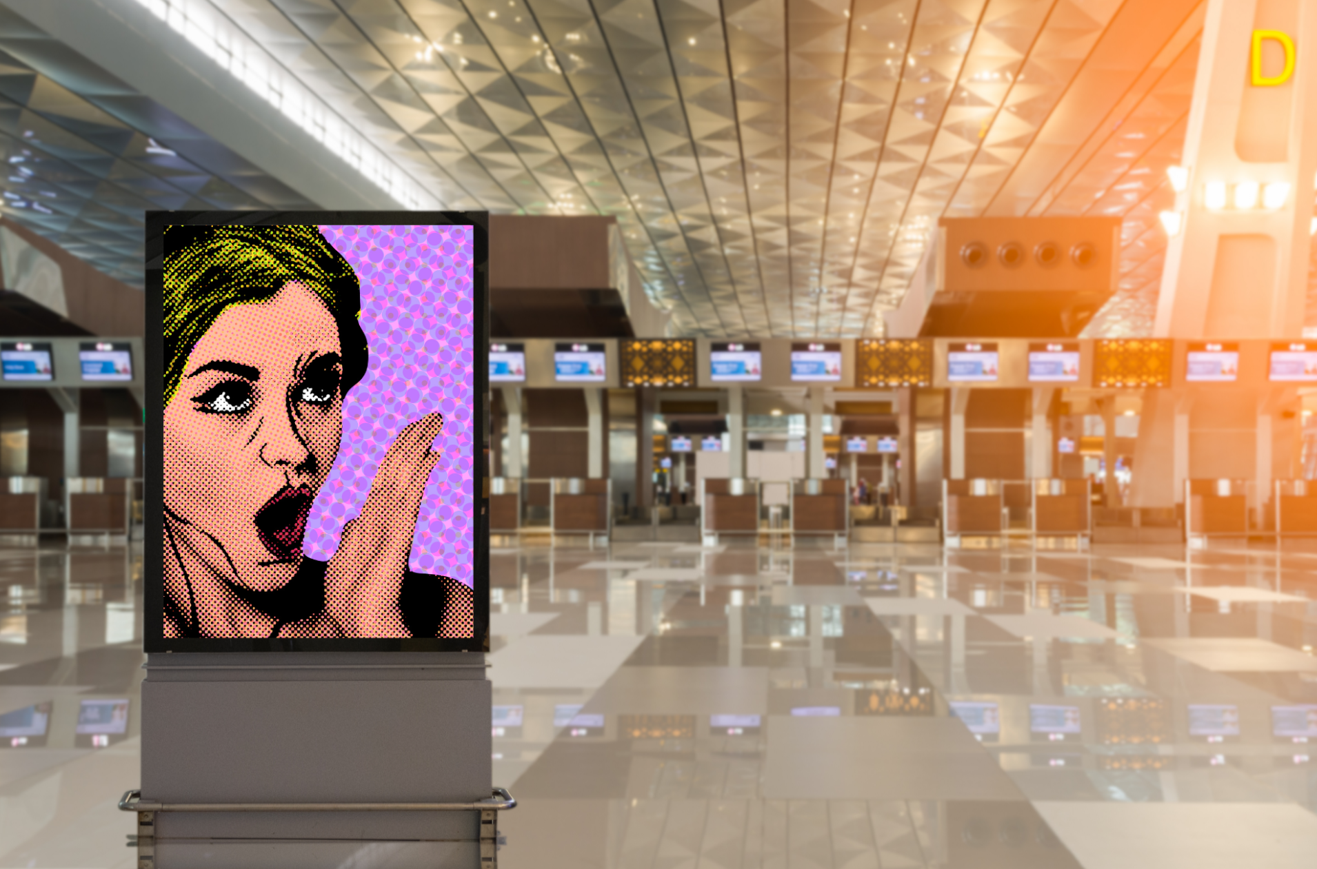 Support d'affichage digital dans un aéroport pour illustrer la publicité extérieure